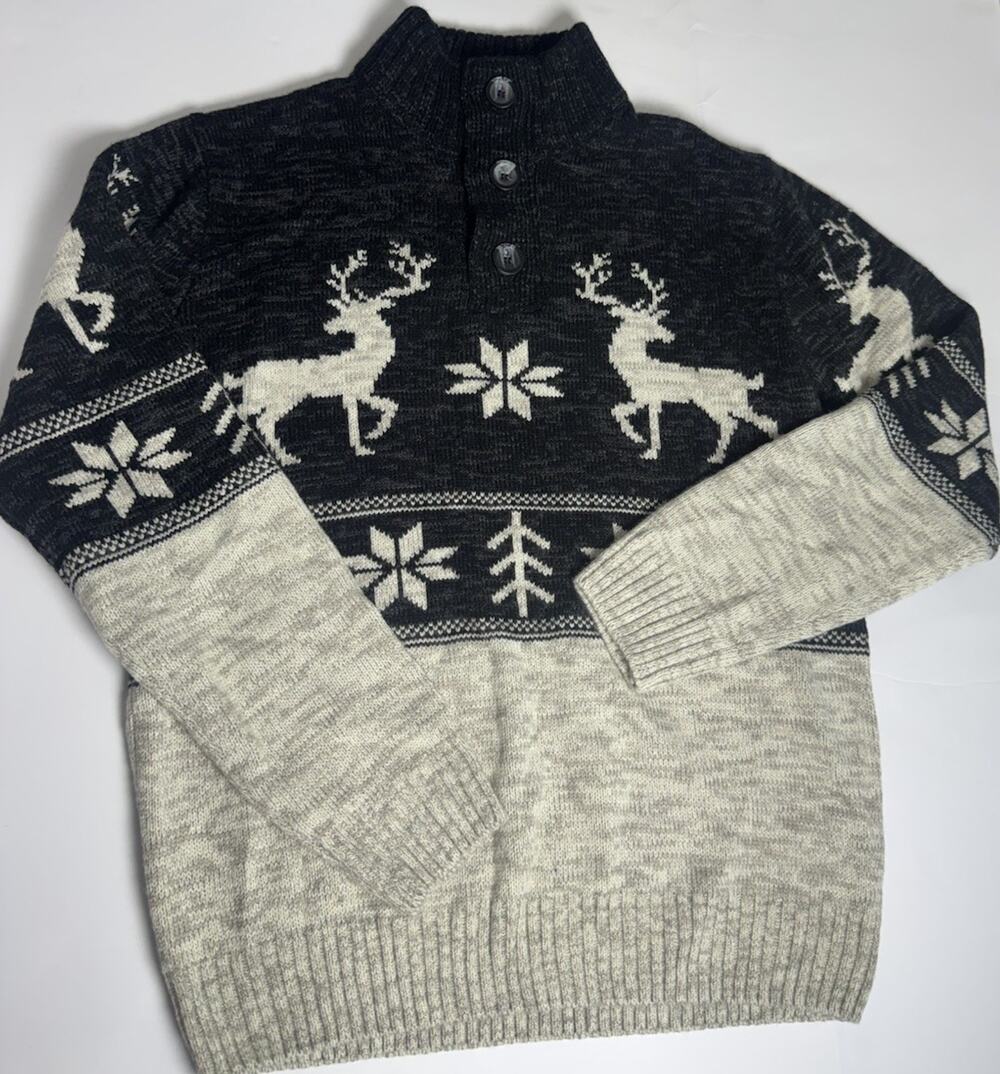 American Legacy Men's Knit Fair Isle Mock Neck Button Pullover Sweater Gray L